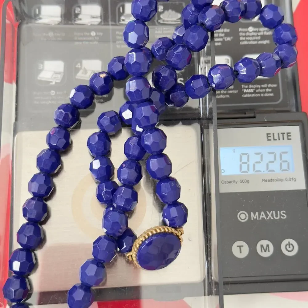 Vintage 24” Cobalt Blue Czech Glass Faceted Bead Necklace Marquise Clasp